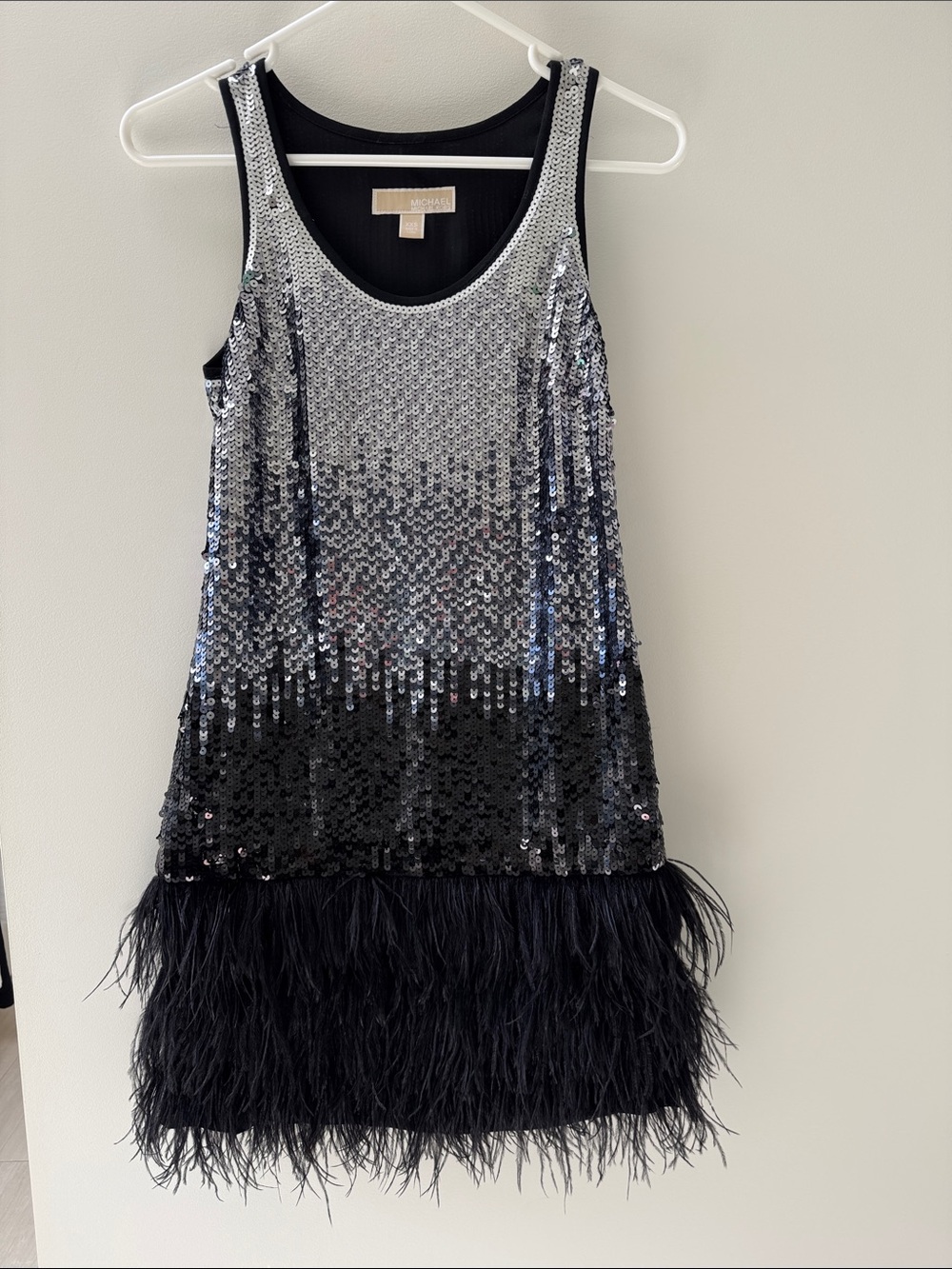 MICHAEL Michael Kors Silver and Black Sequin Feather Trim Tank Dress